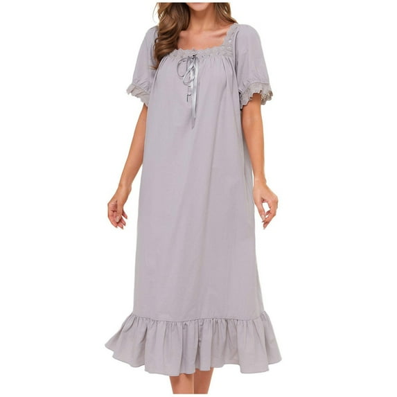 Women's Nightgown Cotton Sleepwear Long Loungewear Short Sleeve Vintage Grey M