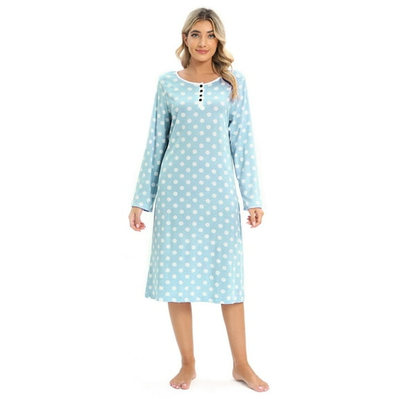 Women's Nightgown Retro Dot Tee Long Sleeve Comfy Sleep Nightshirt Button Down Nightdress