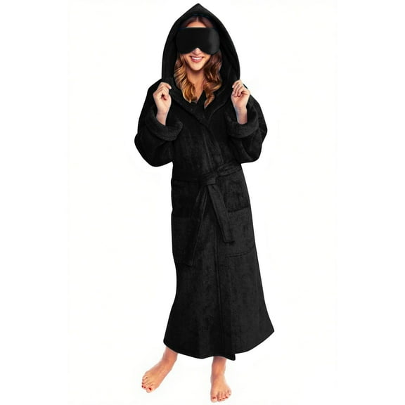 Women's Nightgown Robes Full Length Homewear Warm Plush Fannal Barhrobe Hooded Spa Robe Black L