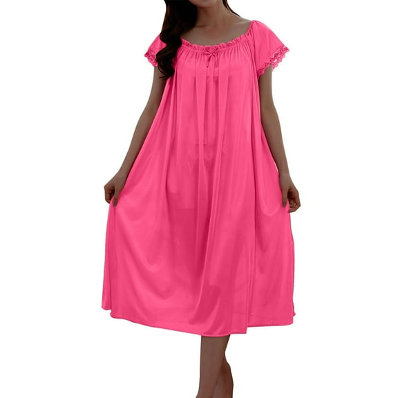 Women's Nightgown Short Sleeve Sleepwear Comfy Sleepshirts Pleated Nightshirt Hot Pink Free Size