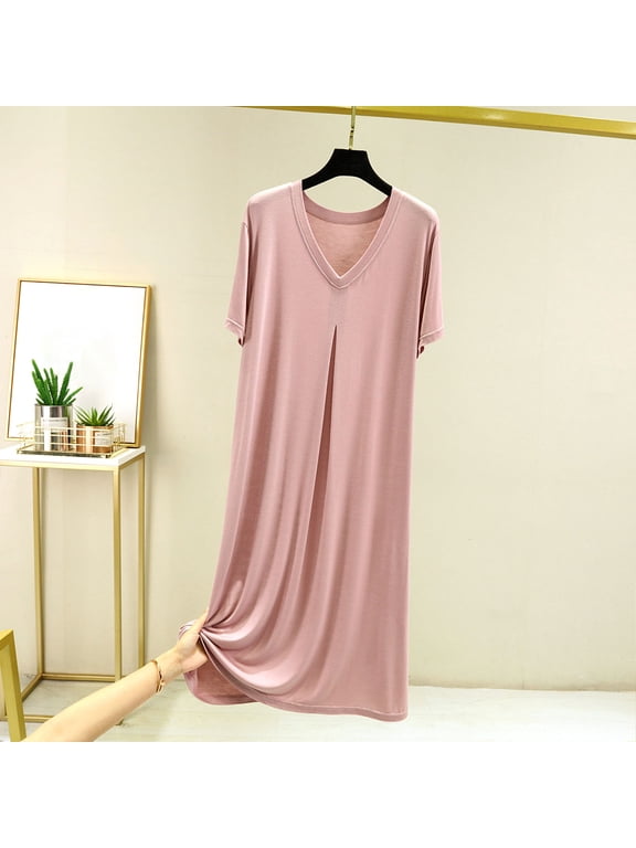 Women's Nightgown Short Sleeve Sleepwear Comfy Sleepshirts Pleated Scoopneck Nightshirt Pink Free Size