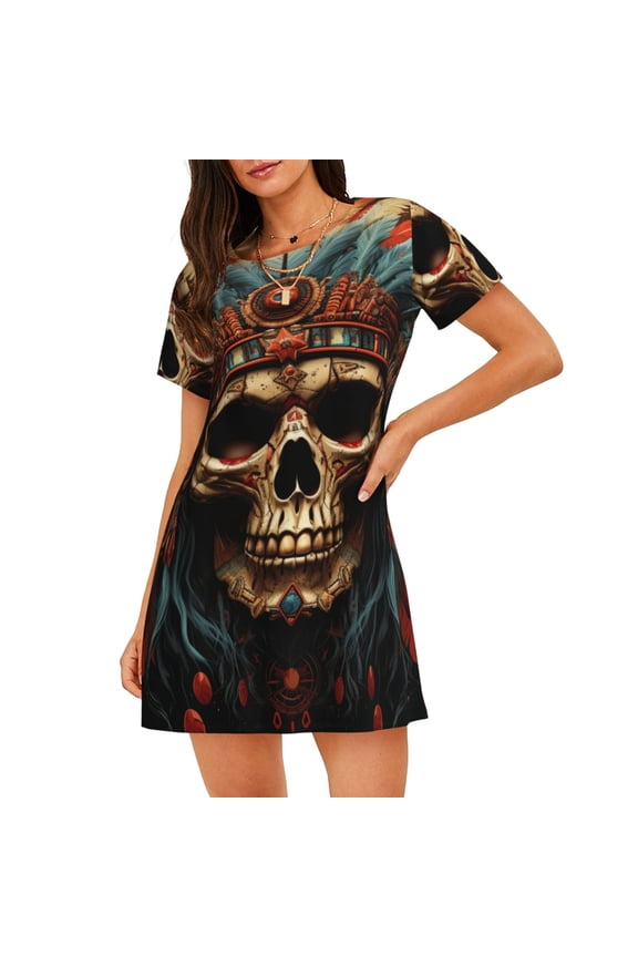Women's Nightgown Short Sleeve Sleepwear Crew Neck Casual Sleepshirt, Skull Indian Chief Black