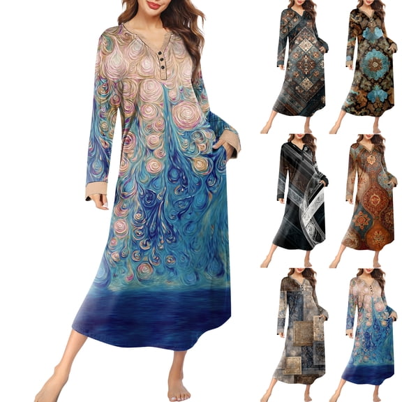 Women's Nightgown Sleep Dress Long Loungewear V-Neck Henley Nightdress with Pocket Floral Print for Spring Fall,Black,L