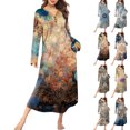 thumbnail image 1 of Women's Nightgown Sleep Dress Long Loungewear V-Neck Henley Nightdress with Pocket Floral Print for Spring Fall,Dark Blue,4XL, 1 of 8