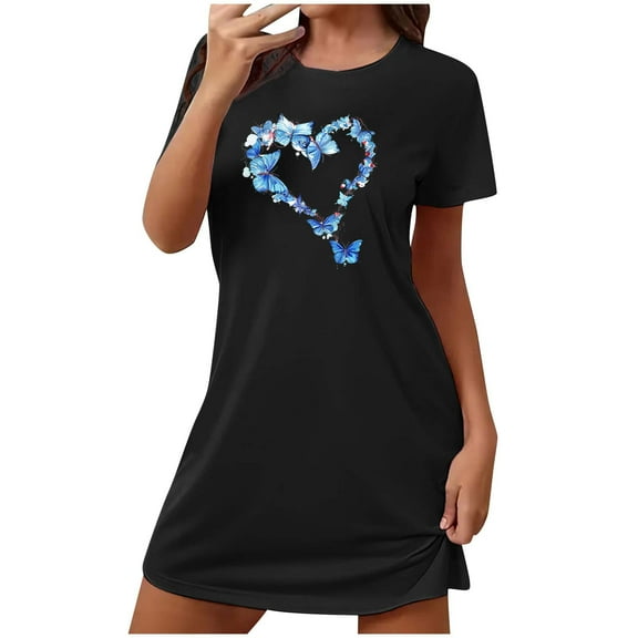 Women's Nightgown Sleepwear Short Sleeve Nightshirt Butterfly Print T-Shirt Dress Loose Comfy Sleepshirts