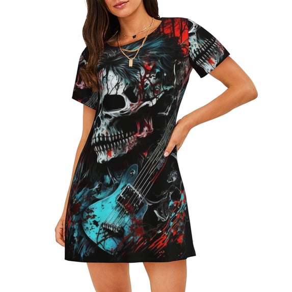 Women's Nightgown Sleepwear Short Sleeves Shirt Casual Soft Sleepdress, Death Skull Rock Heavy Metal Music