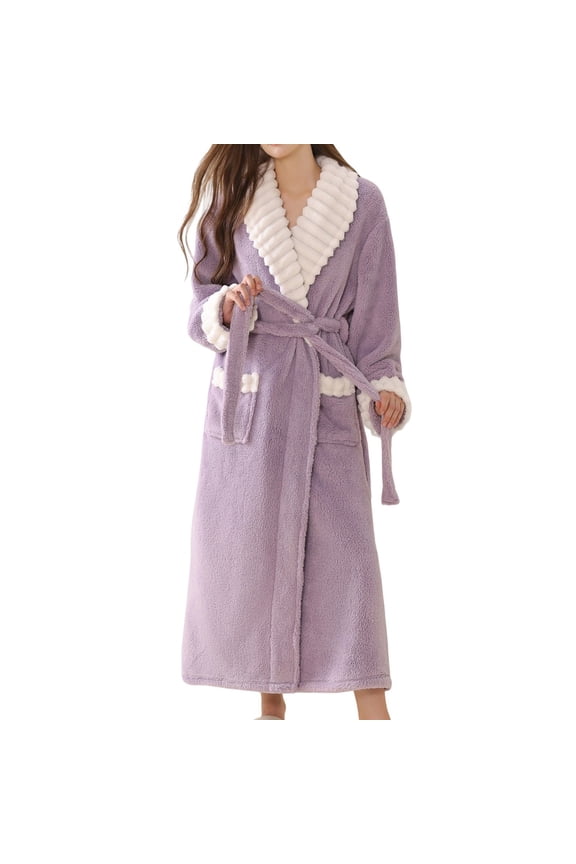 Women's Nightgown V Neck Color Block Plush Long Robe Velvet Thicken Thermal Fall Winter Home Wear With Belt (XL, Purple)