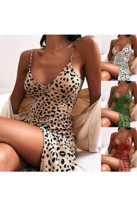 Women's Nightgowns BWASD Casual Elegant Slim Fit V Neck Leopard Print Nightdress Under 10 Dollars Cami Sleepwear Pajamas for Summer Home Daily Wear Fashion (Khaki 2XL)