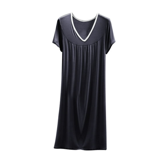 Women's Nightgowns New Women Short Sleeve Cotton Nightgown Soft Comfy V Neck Lounge Dress Flowy Pleated Nightshirts Sleep Dresses Dark Gray XXL