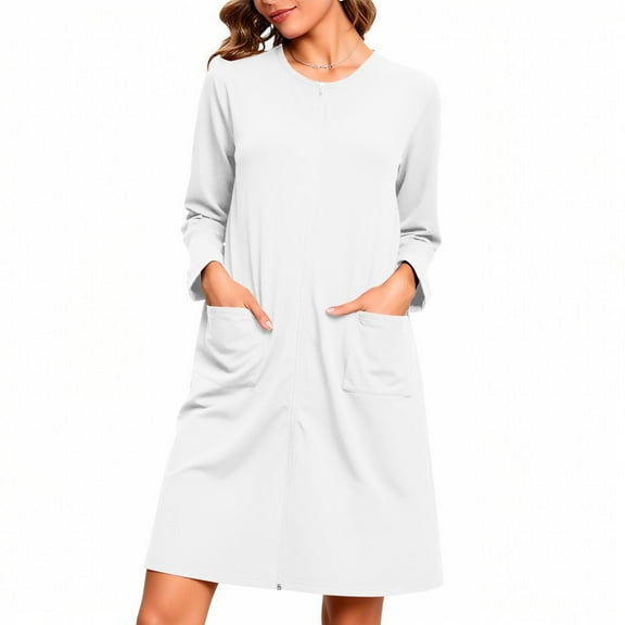 Women's Nightgowns Full Zip House Sleepwear Dresses Loose Long Sleeve Cotton Pajamas Winter Comfortable Loungewear Nightdress with Pockets