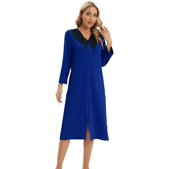 Women's Nightgowns Long Sleeve Lace V Neck Front Slit Sleepshirts Knee Length House Dress Fall Winter Soft Nightdress, Blue S