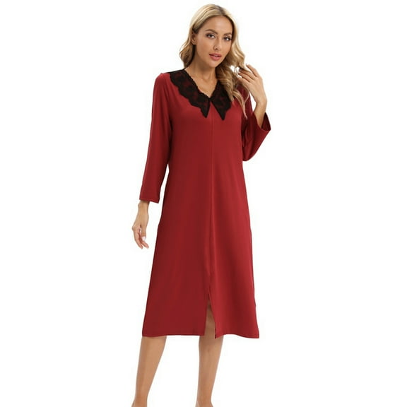 Women's Nightgowns Long Sleeve Lace V Neck Front Slit Sleepshirts Knee Length House Dress Fall Winter Soft Nightdress, Red S