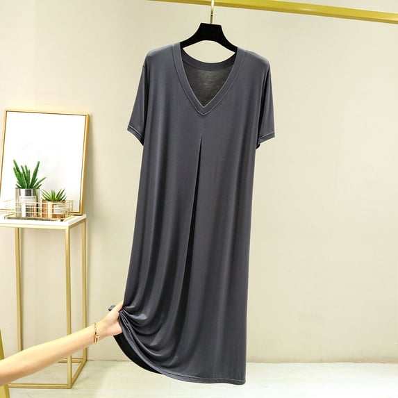 Women's Nightgowns Short Sleeve Sleepwear Soft Comfy Sleepshirts Pleated V-Neck Nightshirt Midi Sleep Dress Gray One Size