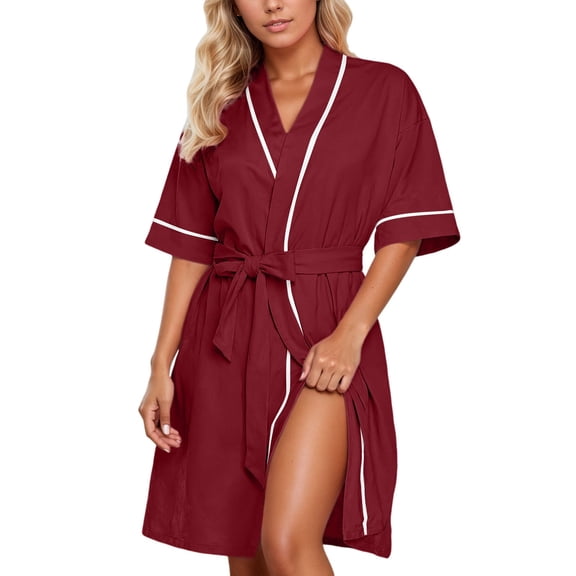 Women's Nightgowns Short Sleeve V Neck Sleepshirt with Belt Dresser for Bedroom,RD1,M