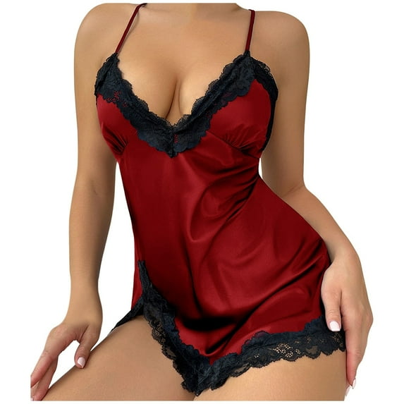 Women's Nightgowns Silk Thin Homewear Loose Lace Up Dresser for Bedroom,Red,S