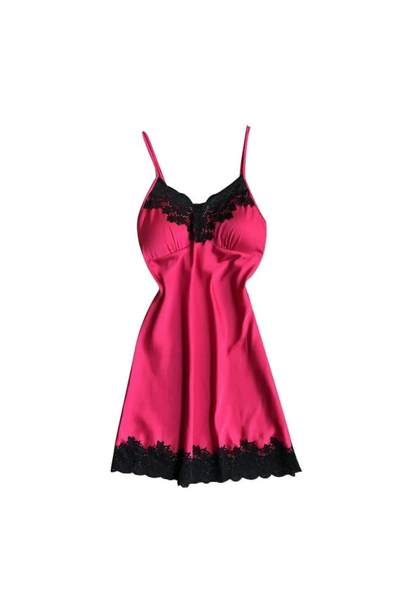 Women's Nightgowns and Sleepshirts New Women Satin Nightdress Spaghetti Strap Low Cut Backless Lace Mini Dress Nightgown with Chest Pads Pinks M