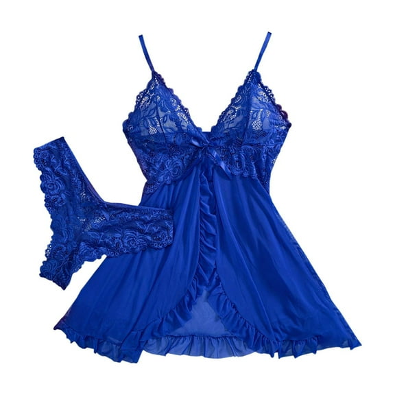 Women's Nightgowns & Sleepshirts Sexy Lace Trim Solid Color With Bow Detail Open Back Design Sleepwear Blue M