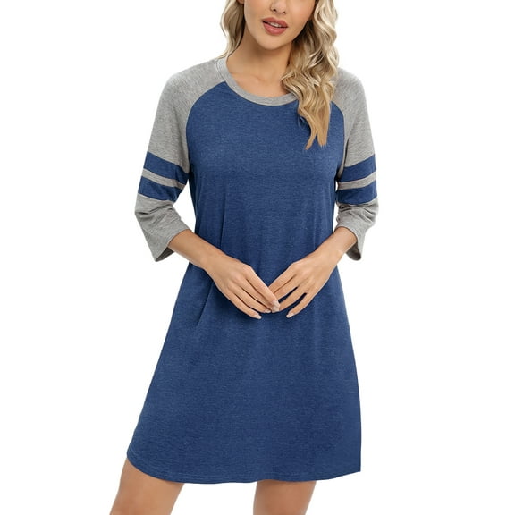 Women's Nightgowns & Sleepshirts Solid Color Cotton Nightgowns for Women 3/4 Sleeve Nightgowns for Women Plus Size Short Sleeve Round Neck Sleep Dress Nightshirt,Blue S-3XL