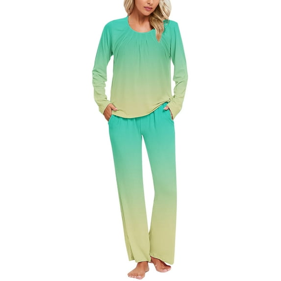 Women's Nightgowns & Sleepshirts Women's Long Sleeve Pajamas Set with Pockets Soft Pants with Long Sleeve Tops Ladies Sleepwear Gradient Printed Casual Tops Pants Pajama Set Green XL