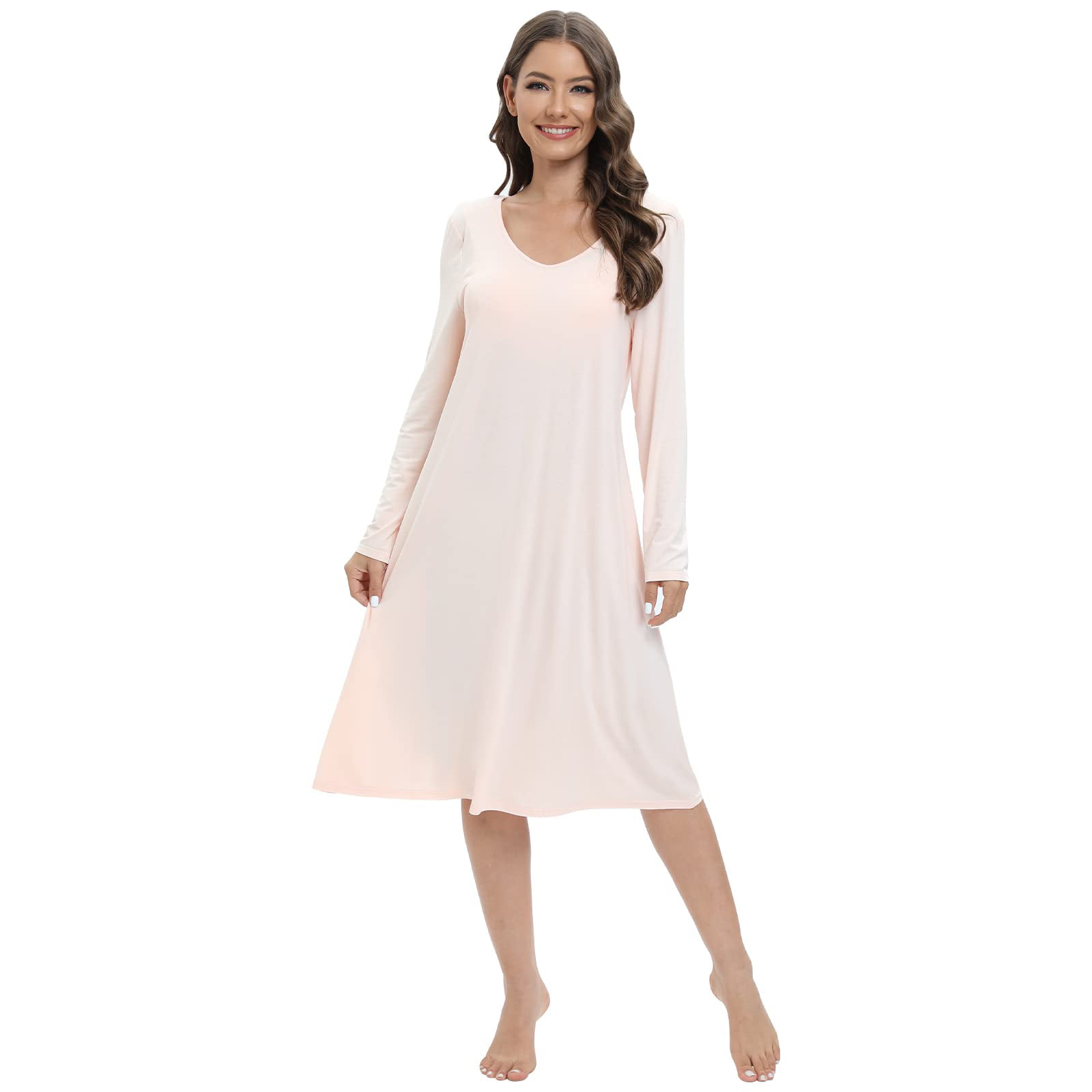Women's Nightgowns with Built in Bra Removable Pads Nightshirt Dress  Sleepwear Long Sleeve Cotton Nightdress 