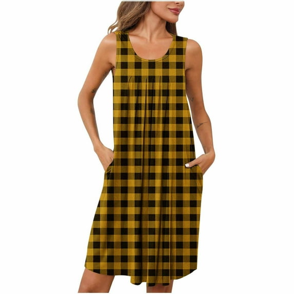 Women's Nightgowns with Pockets, Sleeveless Plaid Nightshirt Soft Ladies Pleated Tank Nightdress Ladies Nightgowns & Sleepshirts Yellow M