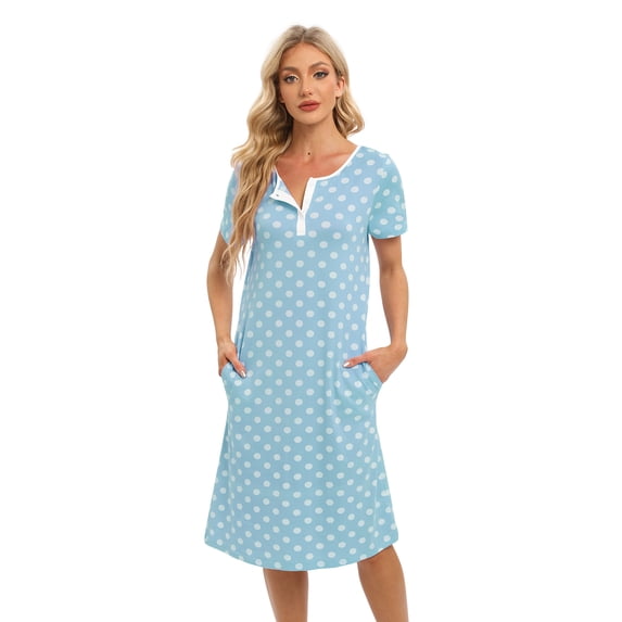 Women's Nightshirt Short Sleeve Button Down Nightgown Vintage Polka Dot Sleepwear Pajama Dress S-XXL