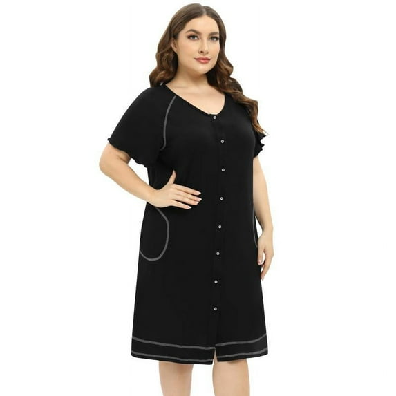 Women's Nightshirt Short Sleeve Button Down Sleepshirts V Neck Nightgown Plus Size Pajama Dress Sleepwear