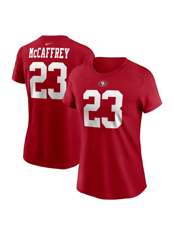 Women's Nike Christian McCaffrey Scarlet San Francisco 49ers Player Name & Number T-Shirt