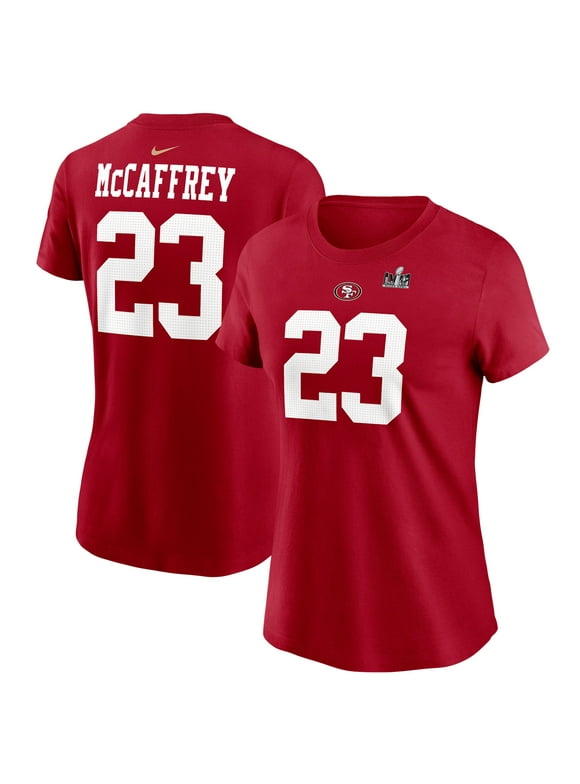Women's Nike Christian McCaffrey Scarlet San Francisco 49ers Super Bowl LVIII Patch Player Name & Number T-Shirt