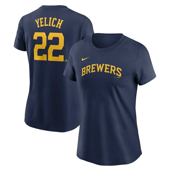 Women's Nike Christian Yelich Navy Milwaukee Brewers Cooperstown Collection Fuse Name & Number T-Shirt