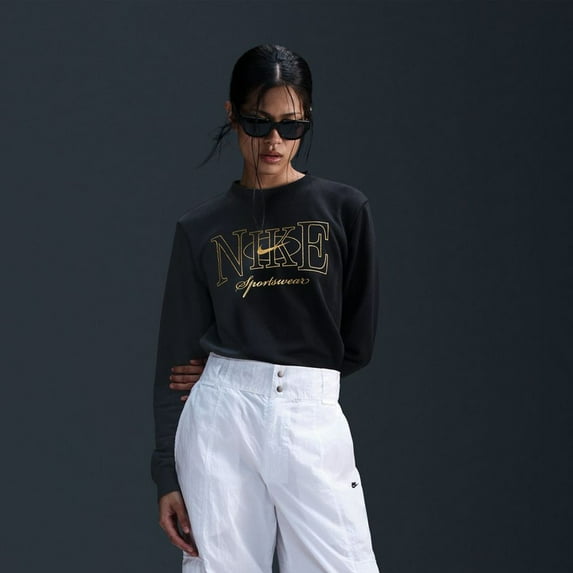 Women's Nike Club Shine Fleece Crewneck Sweatshirt Color: Black Size: X LARGE