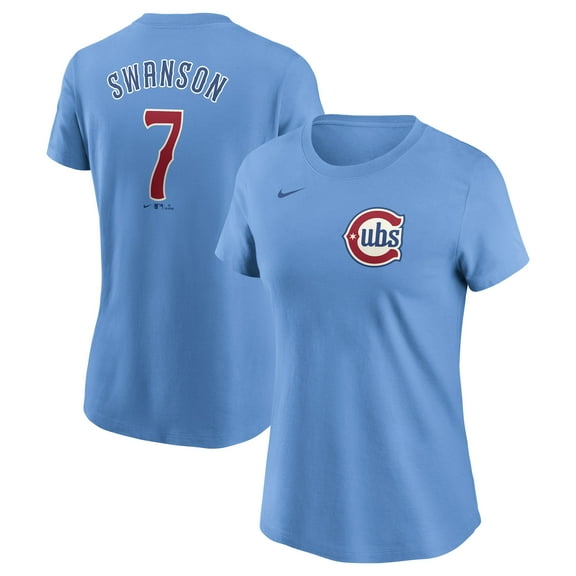Women's Nike Dansby Swanson Light Blue Chicago Cubs Cooperstown Collection Fuse Name & Number T-Shirt