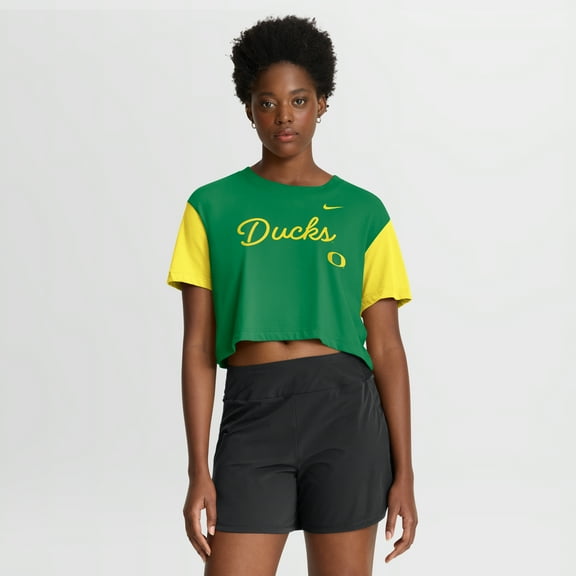 Women's Nike Green/Yellow Oregon Ducks Color-Block Script Dri-FIT Cropped T-Shirt