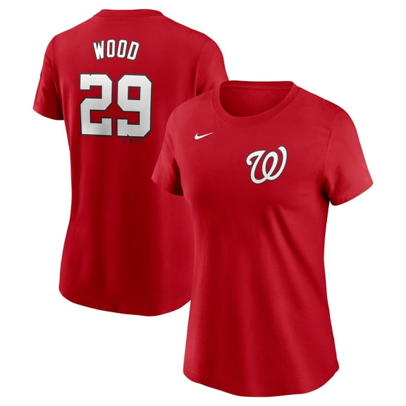 Women's Nike James Wood Red Washington Nationals Cooperstown Collection Fuse Name & Number T-Shirt