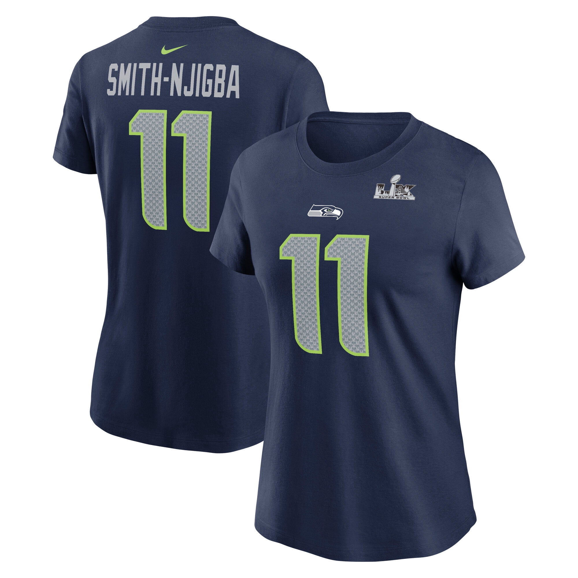 Women's Nike Jaxon Smith-Njigba College Navy Seattle Seahawks Super Bowl LX Patch Name & Number T-Shirt