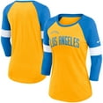 thumbnail image 1 of Women's Nike Los Angeles Chargers Heather Gold/Heather Powder Blue Football Pride Raglan 3/4-Sleeve T-Shirt, 1 of 3