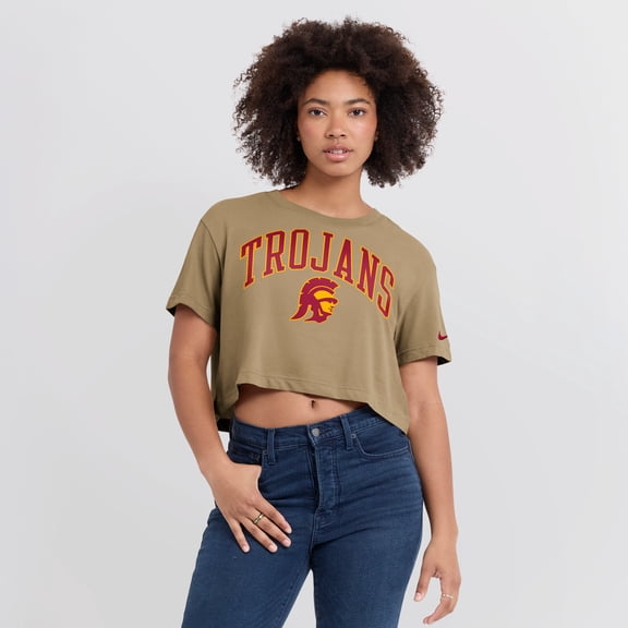 Women's Nike Tan USC Trojans Athletic Prep Arch Dri-FIT Cropped T-Shirt