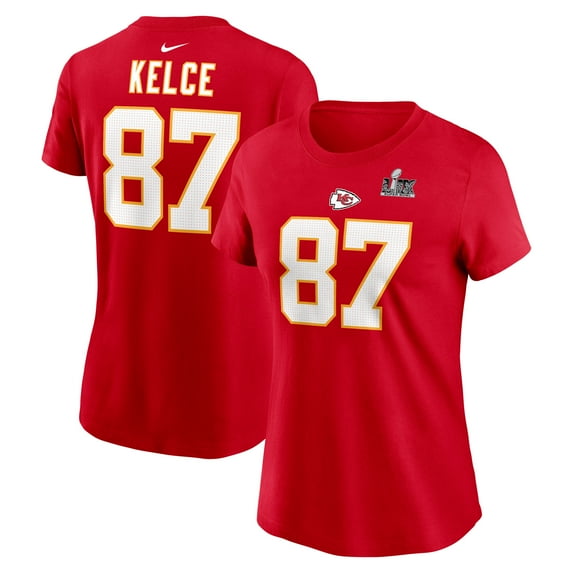 Women's Nike Travis Kelce Red Kansas City Chiefs Super Bowl LIX Name & Number T-Shirt