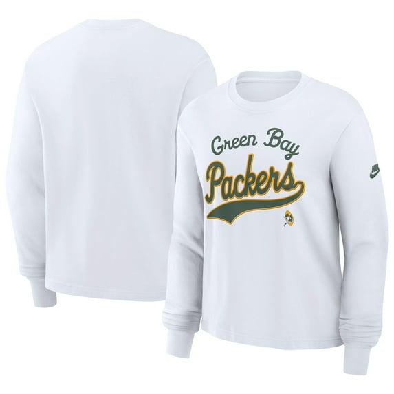 Women's-Nike White Green Bay Packers Essential Long Sleeve Boxy T-Shirt