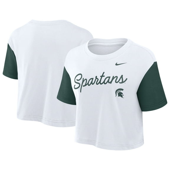 Women's Nike White/Green Michigan State Spartans Color-Block Script Dri-FIT Cropped T-Shirt