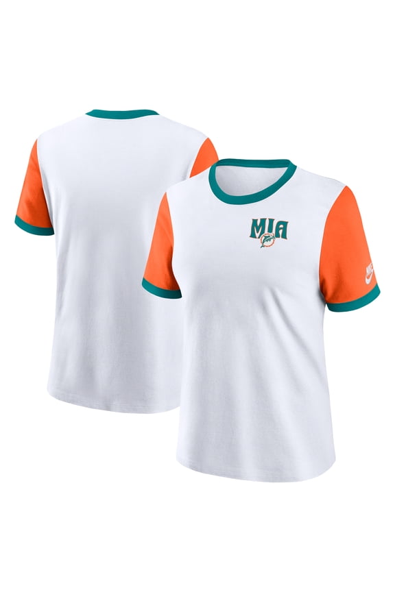 Women's Nike White/Orange Miami Dolphins Rewind Ringer T-Shirt