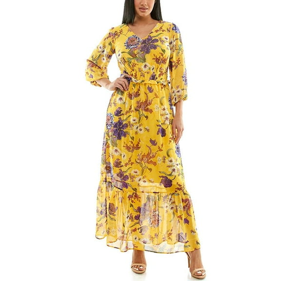 Women's Nina Leonard Chiffon Printed Maxi Dress, Size: Small, Gold