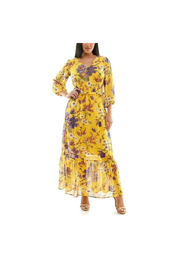 Women's Nina Leonard Chiffon Printed Maxi Dress, Size: Small, Gold