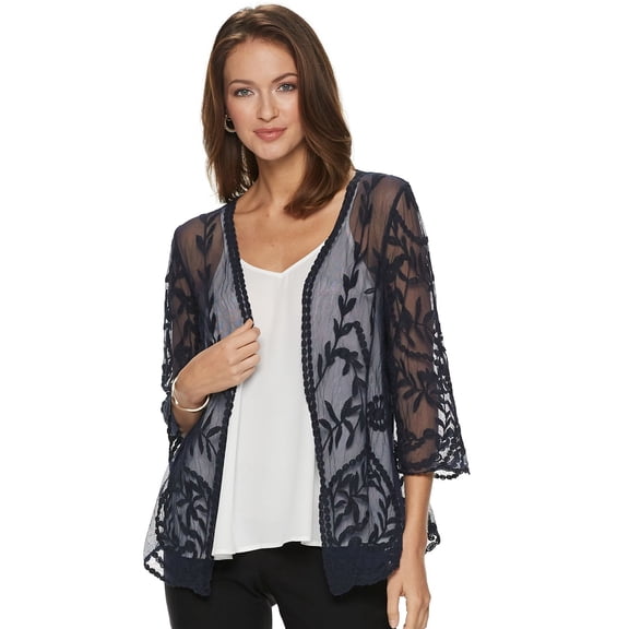 Women's Nina Leonard Floral Embroidered Mesh Long Bolero Color: Navy Size: SMALL