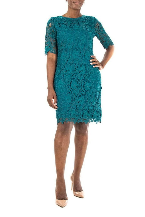 Women's Nina Leonard Floral Lace Sheath Cocktail Dress Color: Radiant Teal Size: SMALL