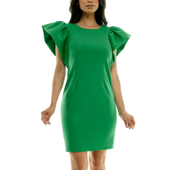 Women's Nina Leonard Ruffle Shoulder Sheath Mini Dress Color: Bright Green Size: MEDIUM