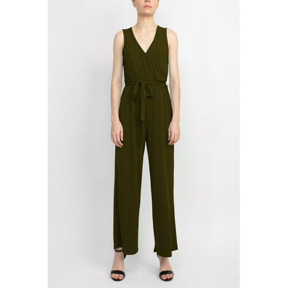 Women's Nina Leonard Surplice Wide-Leg Jumpsuit Color: Dark Olive Size: SMALL
