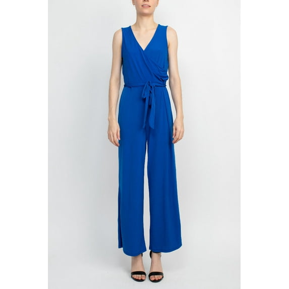 Women's Nina Leonard Surplice Wide-Leg Jumpsuit Color: Deep Sea Size: MEDIUM