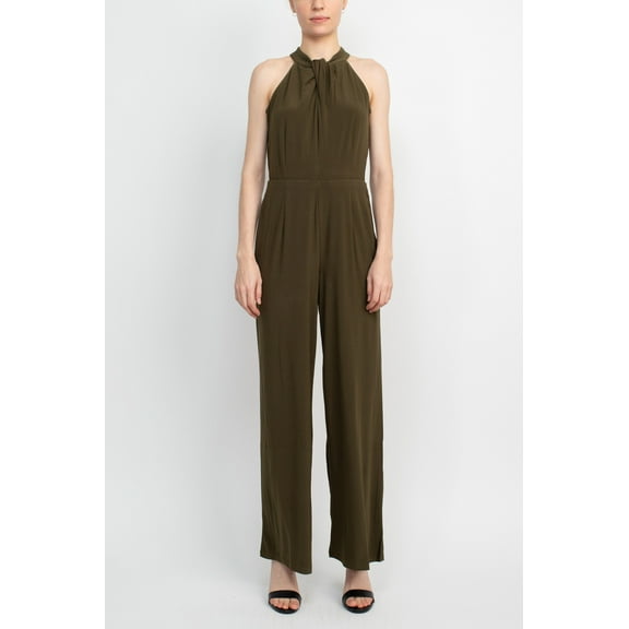 Women's Nina Leonard Wide-Leg Halter Jumpsuit Color: Dark Olive Size: MEDIUM