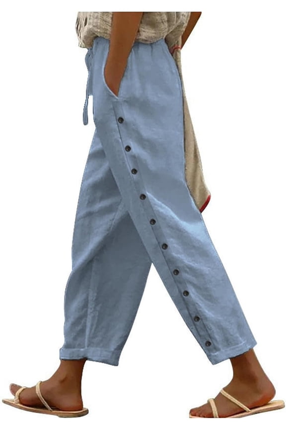 Women's Nine-Point Casual Pants Versatile Solid Color Side Buttoned Decorative Elastic Waist Pants Loose Cool Jogging Pant